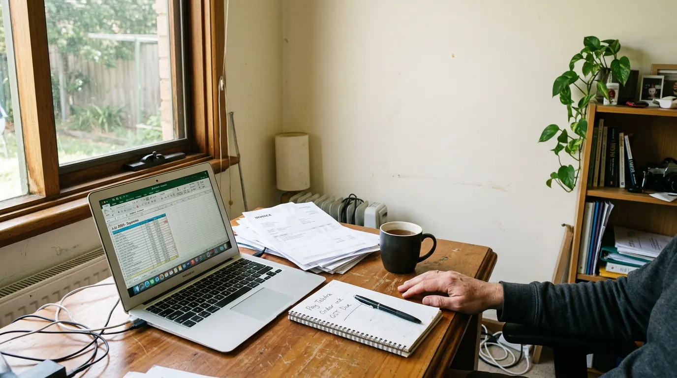 Home office desk with NDIS invoices, a laptop and a notebook