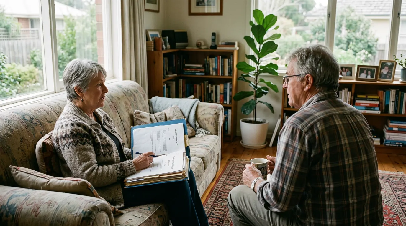 Two people discussing NDIS plan paperwork in a living room