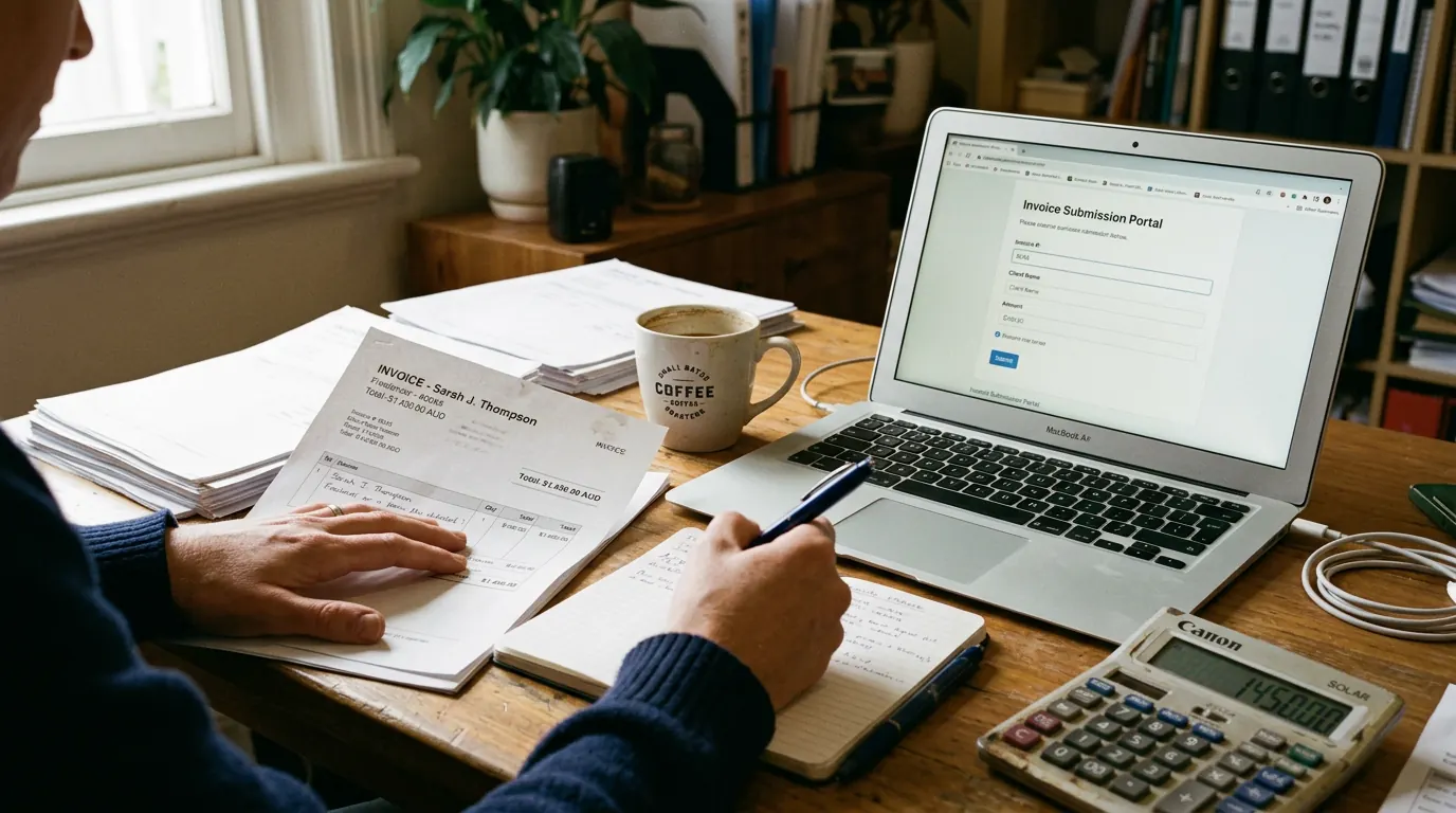 Provider submitting an NDIS invoice on a laptop with paperwork and a calculator