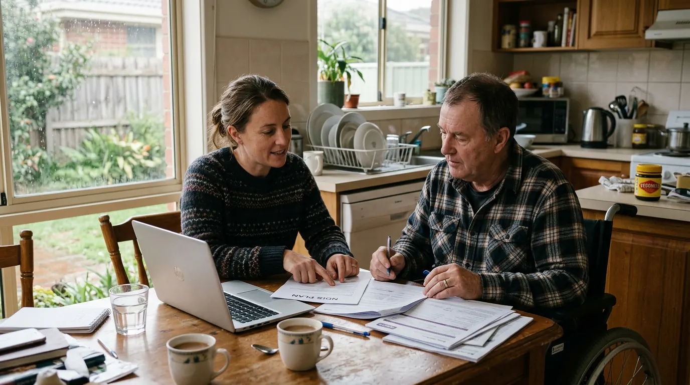 NDIS participant and plan manager reviewing an NDIS plan budget together at a kitchen table
