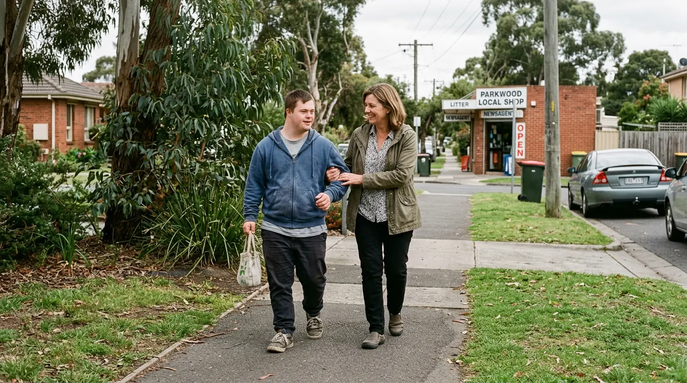 Support worker walking with an NDIS participant to local shops in a suburban street